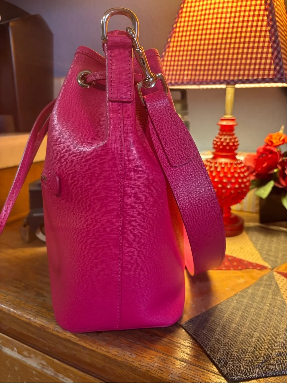 Dooney & Bourke Hot Pink Pebble Leather Drawstring Satchel - Picture 3 of 6